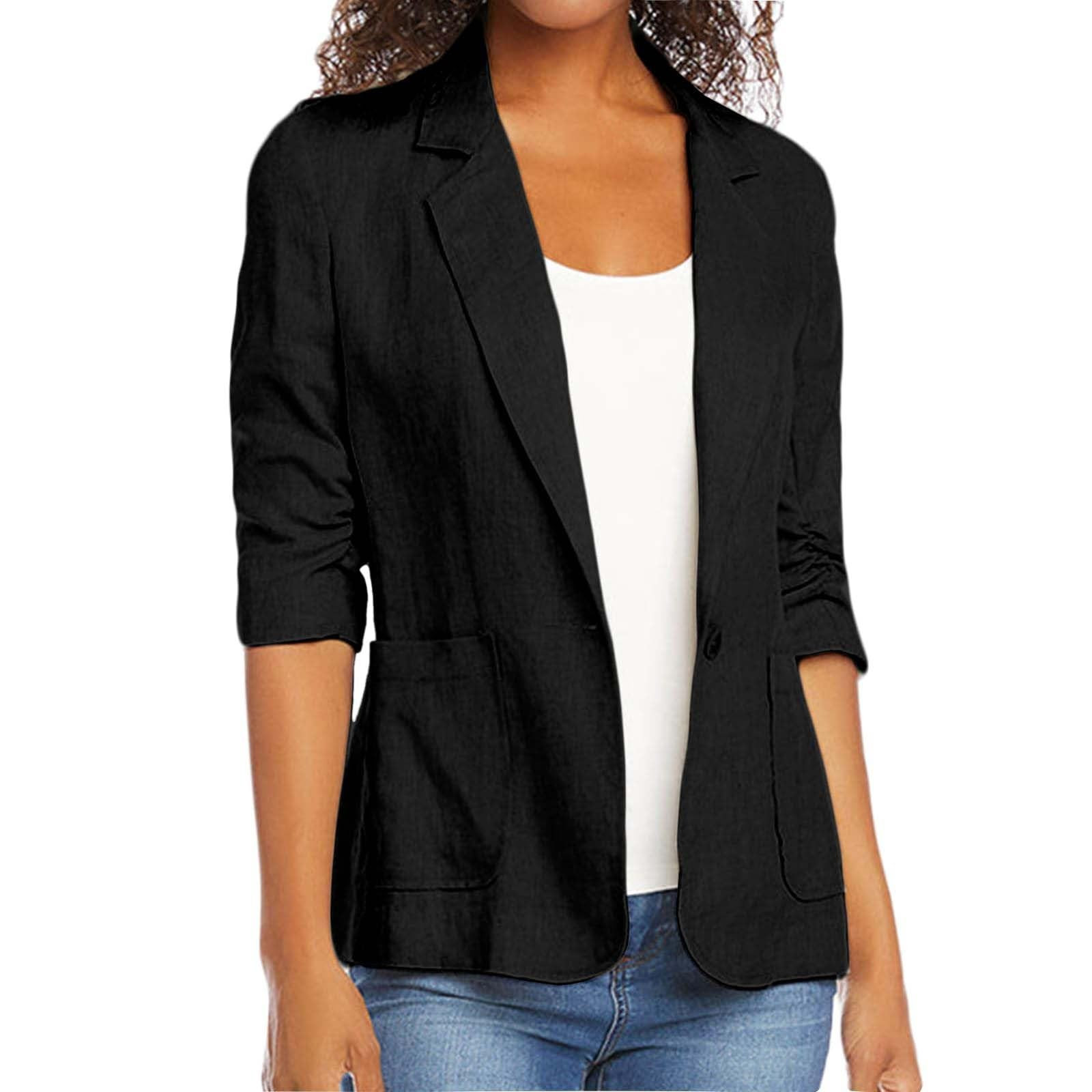 Luxalzxs Linen Blazer Women Summer Lightweight Ruched 3/4 Sleeve Single Button Business Work Office Suit Jackets Dressy Casual Work Blazers Cardigan